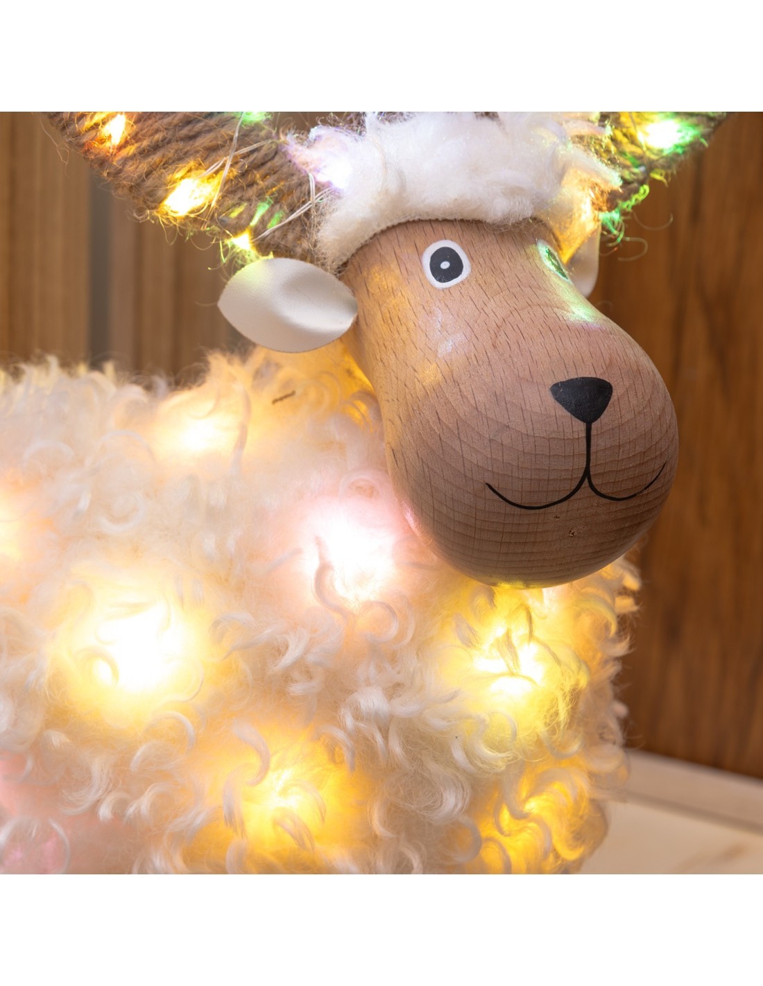 Pecorenna di Natale H31cm, 50 MicroLED Dual Color Bianco Caldo e Multi, 9 Giochi di Luce, Timer 8h, Struttura in Legno