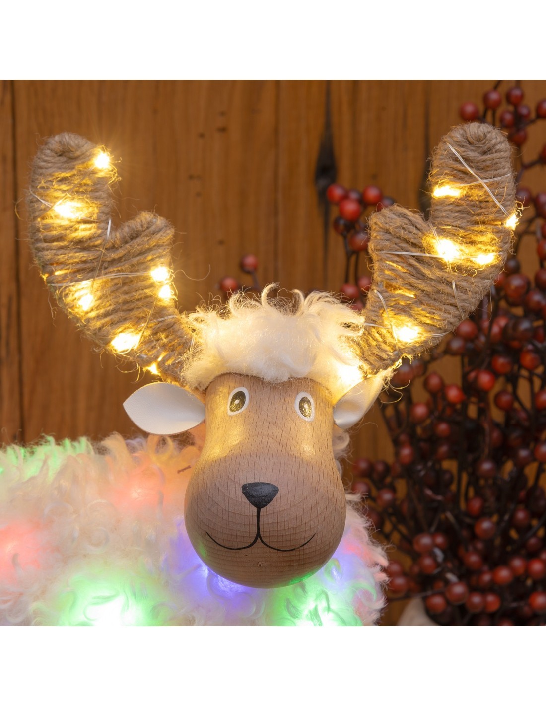 Pecorenna di Natale H31cm, 50 MicroLED Dual Color Bianco Caldo e Multi, 9 Giochi di Luce, Timer 8h, Struttura in Legno