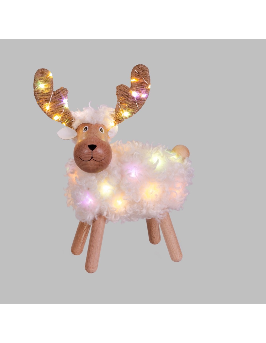 Pecorenna di Natale H31cm, 50 MicroLED Dual Color Bianco Caldo e Multi, 9 Giochi di Luce, Timer 8h, Struttura in Legno