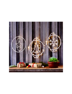 Decorazione di Natale ø32cm PGS Crystal, Mix3 Soggetti Stella Fiocco Albero, MicroLED Bianco Caldo, Timer 8h, Batteria ASSORTITO