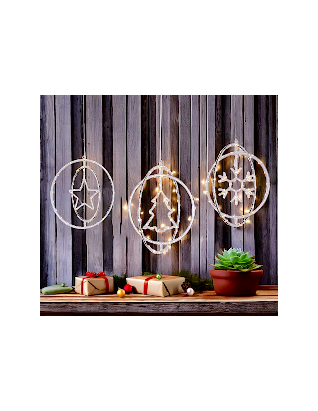 Decorazione di Natale ø32cm PGS Crystal, Mix3 Soggetti Stella Fiocco Albero, MicroLED Bianco Caldo, Timer 8h, Batteria ASSORTITO