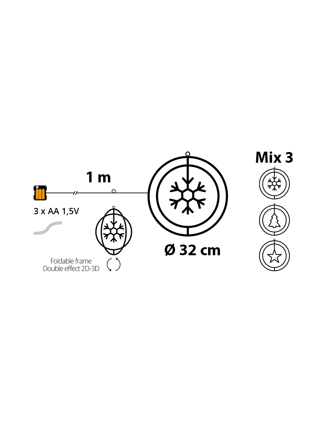 Decorazione di Natale ø32cm PGS Crystal, Mix3 Soggetti Stella Fiocco Albero, MicroLED Bianco Caldo, Timer 8h, Batteria ASSORTITO