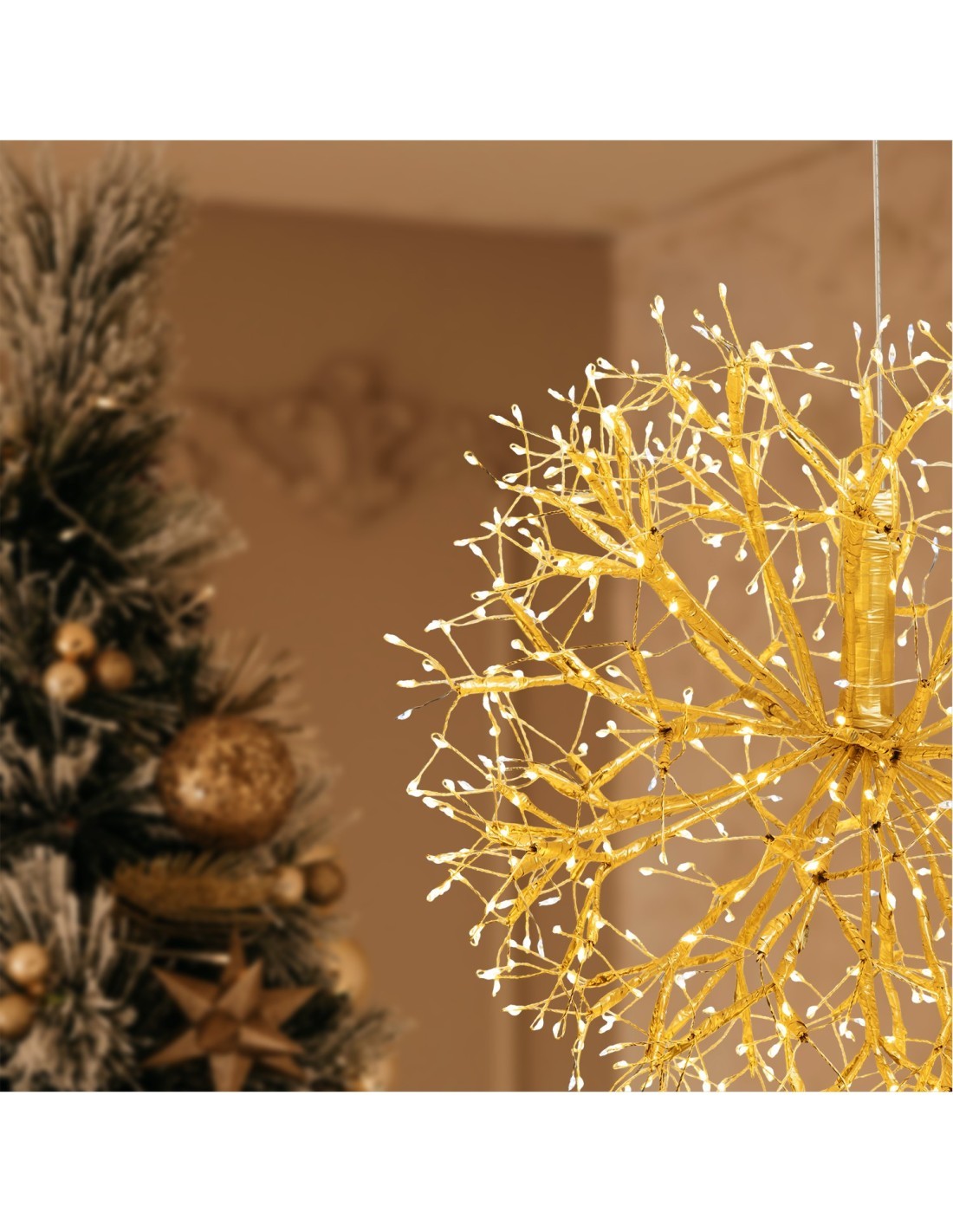Ramo Sfera di Natale RICH Champagne ø40cm, 576 MicroLED Bianco Caldo e Bianco, FlashLED Diamond, Rami Modellabili