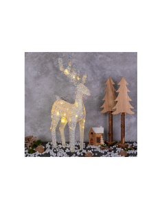 Renna di Natale 3D H58cm, Tessuto Bianco Iridescente, 30 LED Bianco Caldo SuperBright, Timer 8h, Batteria