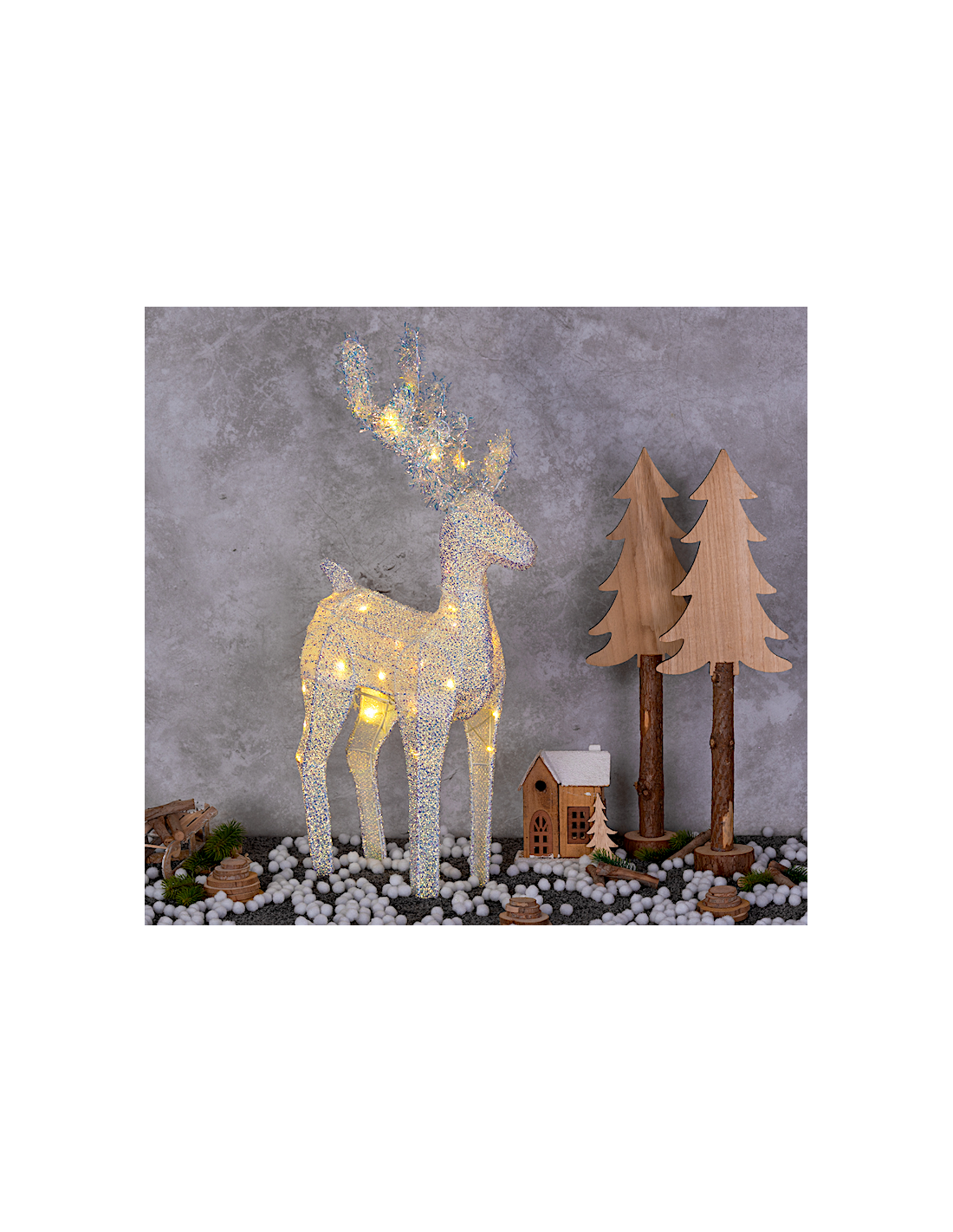 Renna di Natale 3D H58cm, Tessuto Bianco Iridescente, 30 LED Bianco Caldo SuperBright, Timer 8h, Batteria
