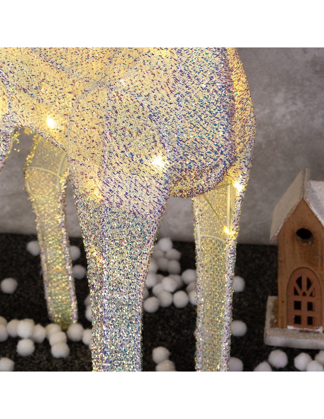 Renna di Natale 3D H58cm, Tessuto Bianco Iridescente, 30 LED Bianco Caldo SuperBright, Timer 8h, Batteria