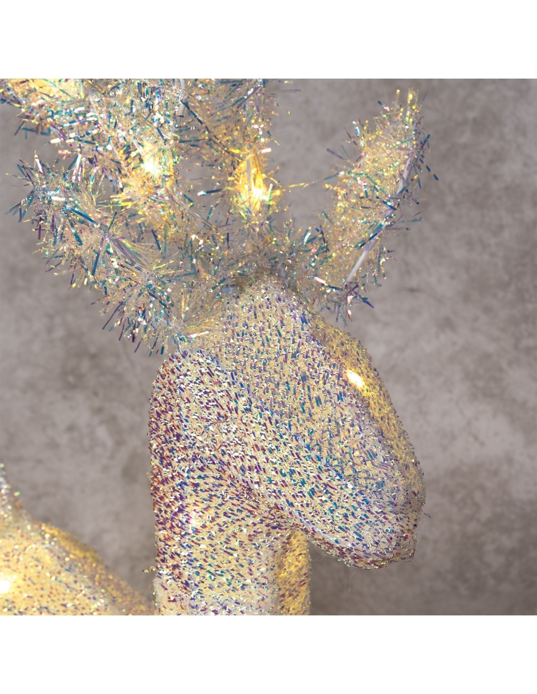 Renna di Natale 3D H58cm, Tessuto Bianco Iridescente, 30 LED Bianco Caldo SuperBright, Timer 8h, Batteria