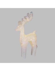 Renna di Natale 3D H58cm, Tessuto Bianco Iridescente, 30 LED Bianco Caldo SuperBright, Timer 8h, Batteria