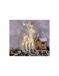 Renna di Natale 3D H45cm, Tessuto Bianco Iridescente, 20 LED Bianco Caldo SuperBright, Timer 8h, Batteria