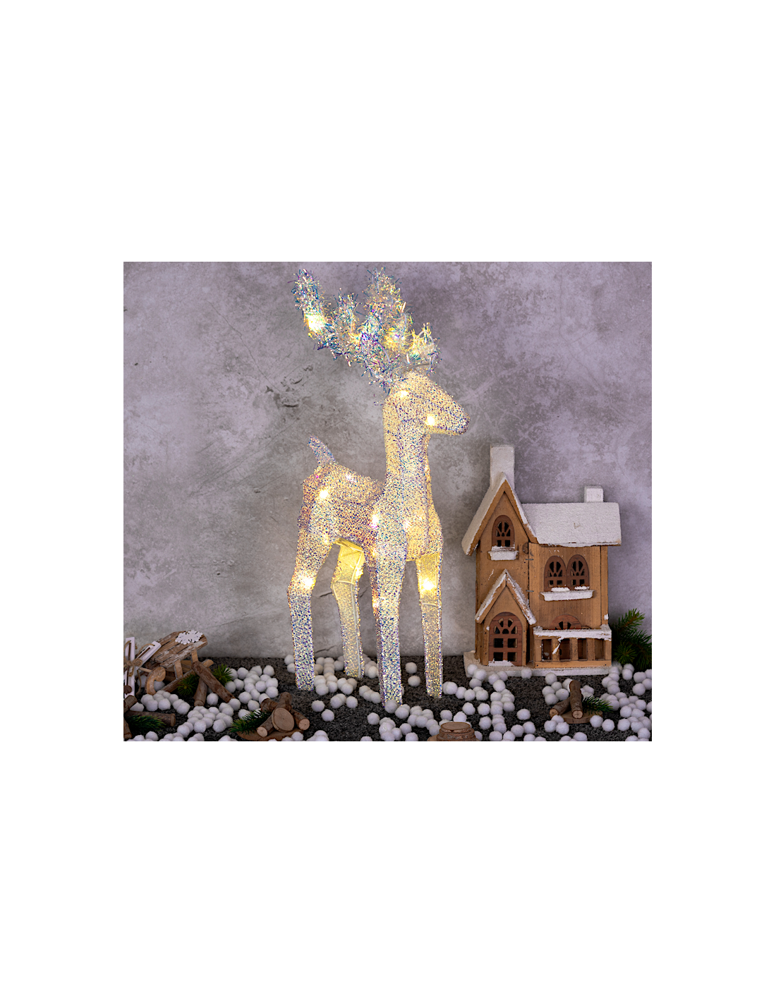 Renna di Natale 3D H45cm, Tessuto Bianco Iridescente, 20 LED Bianco Caldo SuperBright, Timer 8h, Batteria