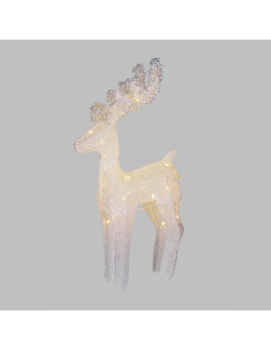 Renna di Natale 3D H45cm, Tessuto Bianco Iridescente, 20 LED Bianco Caldo SuperBright, Timer 8h, Batteria