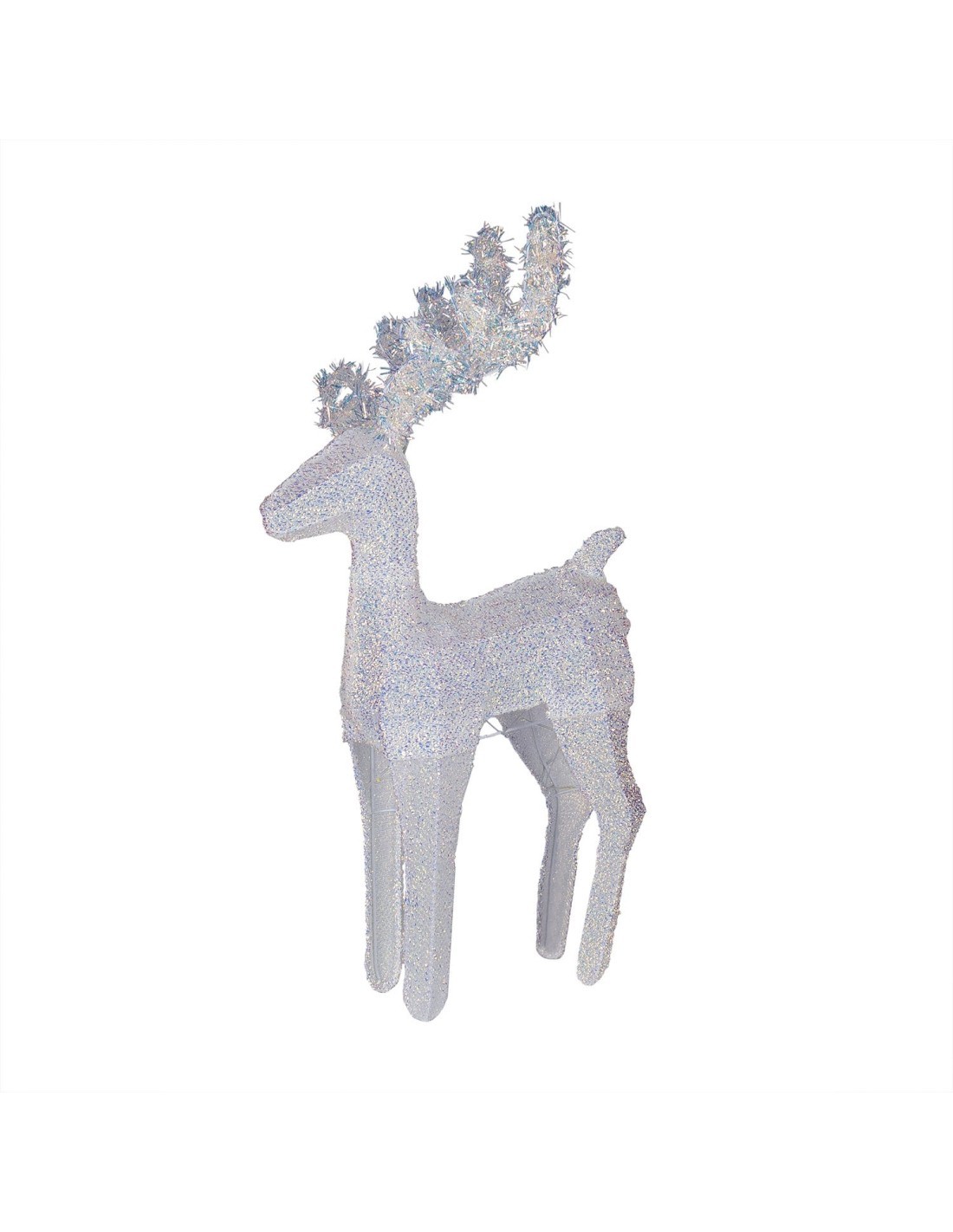 Renna di Natale 3D H45cm, Tessuto Bianco Iridescente, 20 LED Bianco Caldo SuperBright, Timer 8h, Batteria