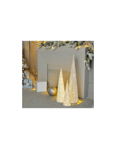 Set 3 Coni di Natale IWR 3D H80-60-40cm, Tessuto Bianco Iridescente, 120 LED Bianco Caldo, Timer 8h, Batteria