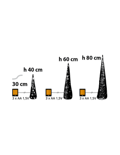 Set 3 Coni di Natale IWR 3D H80-60-40cm, Tessuto Bianco Iridescente, 120 LED Bianco Caldo, Timer 8h, Batteria 2
