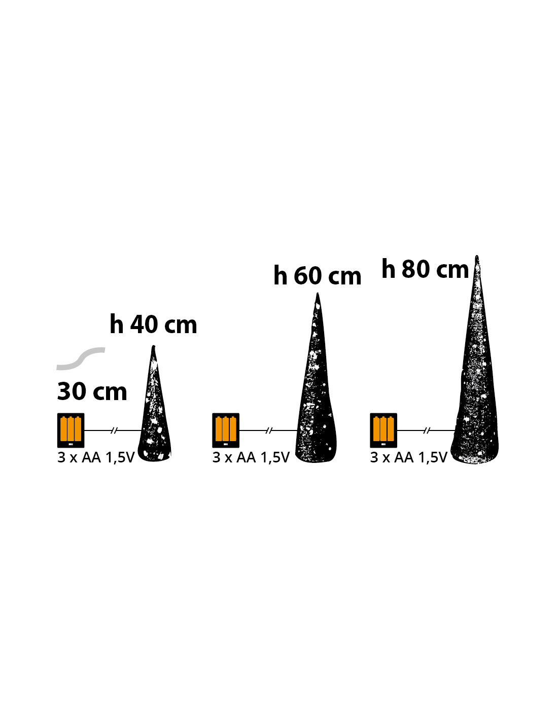 Set 3 Coni di Natale IWR 3D H80-60-40cm, Tessuto Bianco Iridescente, 120 LED Bianco Caldo, Timer 8h, Batteria