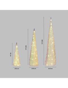 Set 3 Coni di Natale IWR 3D H80-60-40cm, Tessuto Bianco Iridescente, 120 LED Bianco Caldo, Timer 8h, Batteria
