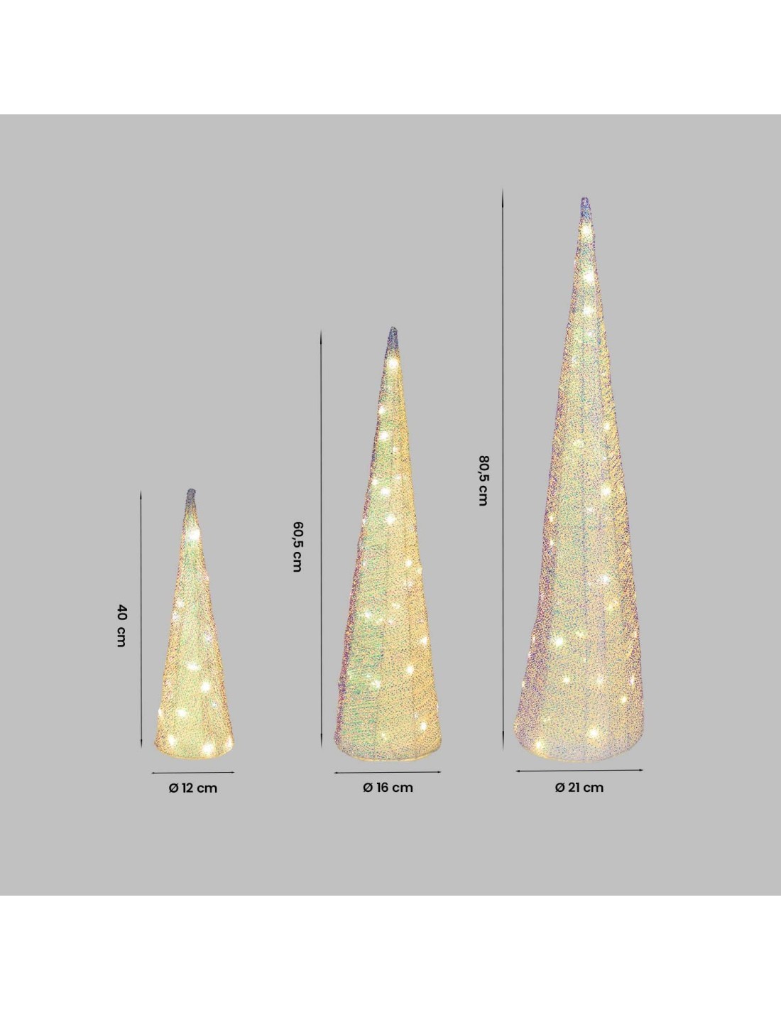 Set 3 Coni di Natale IWR 3D H80-60-40cm, Tessuto Bianco Iridescente, 120 LED Bianco Caldo, Timer 8h, Batteria