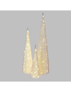 Set 3 Coni di Natale IWR 3D H80-60-40cm, Tessuto Bianco Iridescente, 120 LED Bianco Caldo, Timer 8h, Batteria