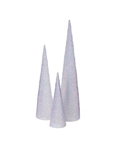 Set 3 Coni di Natale IWR 3D H80-60-40cm, Tessuto Bianco Iridescente, 120 LED Bianco Caldo, Timer 8h, Batteria