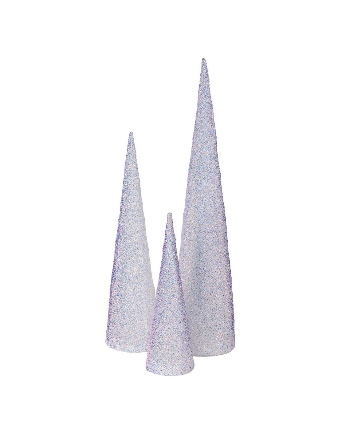 Set 3 Coni di Natale IWR 3D H80-60-40cm, Tessuto Bianco Iridescente, 120 LED Bianco Caldo, Timer 8h, Batteria