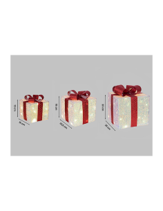 Set 3 Pacchi Regalo di Natale IWR 3D 25-20-15cm, Tessuto Bianco Iridescente, 60 LED Bianco Caldo, Timer 8h, Batteria