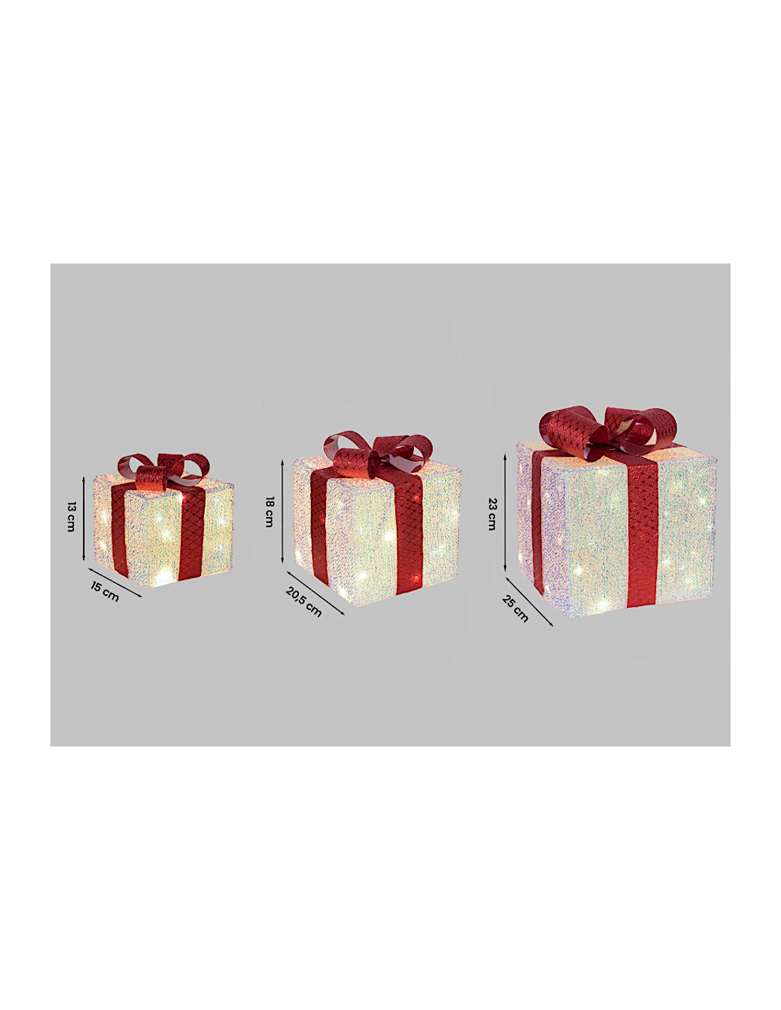 Set 3 Pacchi Regalo di Natale IWR 3D 25-20-15cm, Tessuto Bianco Iridescente, 60 LED Bianco Caldo, Timer 8h, Batteria