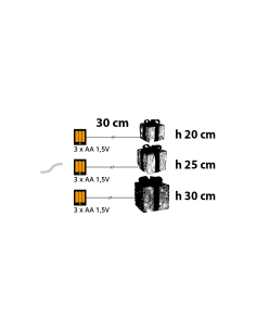 Set 3 Pacchi Regalo di Natale IWR 3D 25-20-15cm, Tessuto Bianco Iridescente, 60 LED Bianco Caldo, Timer 8h, Batteria 2