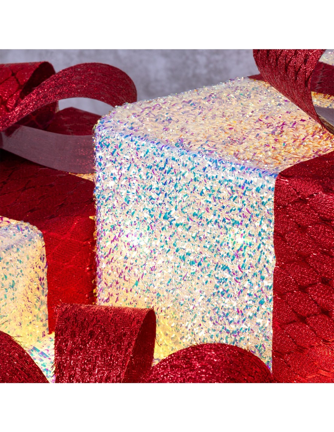 Set 3 Pacchi Regalo di Natale IWR 3D 25-20-15cm, Tessuto Bianco Iridescente, 60 LED Bianco Caldo, Timer 8h, Batteria