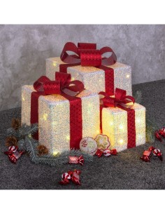 Set 3 Pacchi Regalo di Natale IWR 3D 25-20-15cm, Tessuto Bianco Iridescente, 60 LED Bianco Caldo, Timer 8h, Batteria
