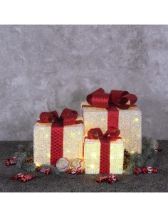 Set 3 Pacchi Regalo di Natale IWR 3D 25-20-15cm, Tessuto Bianco Iridescente, 60 LED Bianco Caldo, Timer 8h, Batteria