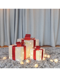Set 3 Pacchi Regalo di Natale IWR 3D 25-20-15cm, Tessuto Bianco Iridescente, 60 LED Bianco Caldo, Timer 8h, Batteria