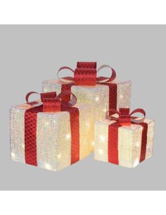 Set 3 Pacchi Regalo di Natale IWR 3D 25-20-15cm, Tessuto Bianco Iridescente, 60 LED Bianco Caldo, Timer 8h, Batteria