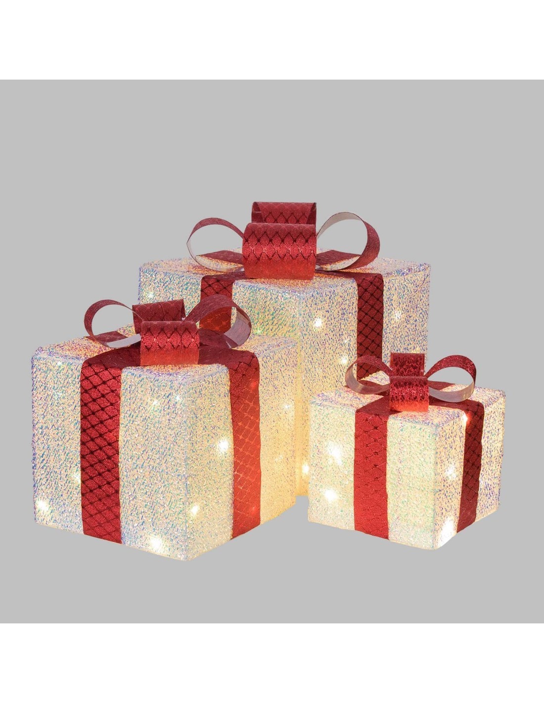 Set 3 Pacchi Regalo di Natale IWR 3D 25-20-15cm, Tessuto Bianco Iridescente, 60 LED Bianco Caldo, Timer 8h, Batteria