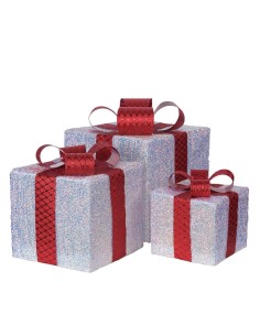 Set 3 Pacchi Regalo di Natale IWR 3D 25-20-15cm, Tessuto Bianco Iridescente, 60 LED Bianco Caldo, Timer 8h, Batteria