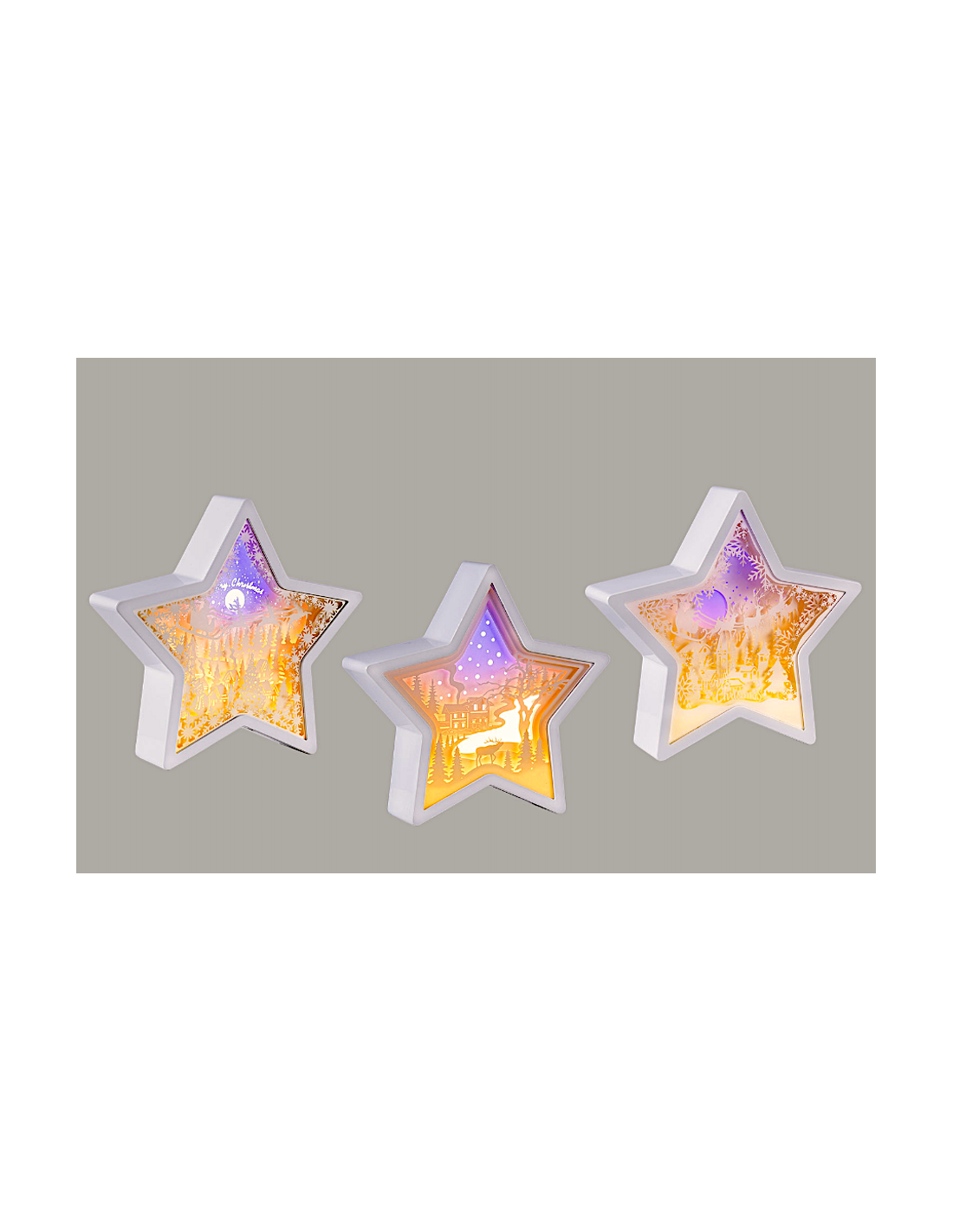 Decorazione di Natale Papercut Silhouette Stella 23cm, Mix3 Modelli, LED Bianco Caldo e Blu Effetto Cielo, Timer 6h, Batteria