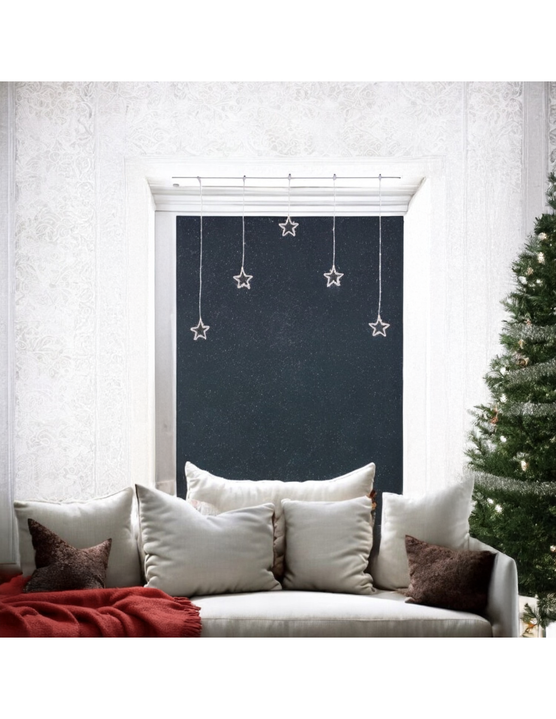 Window Light di Natale 5 Stelle PSG 100x95cm, 79 MicroLED Bianco Caldo, Timer 8h, Batteria, Plastica Crystal