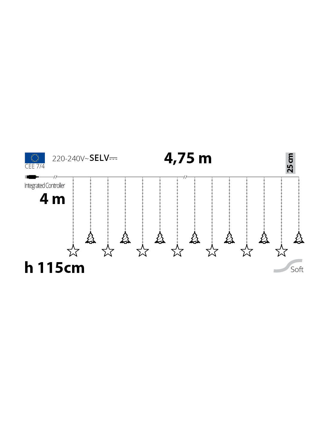 Ice Light di Natale Deco 475x115cm, 560 LED Bianco Caldo, Stelle e Alberi, 8 Giochi di Luce, Timer 8h