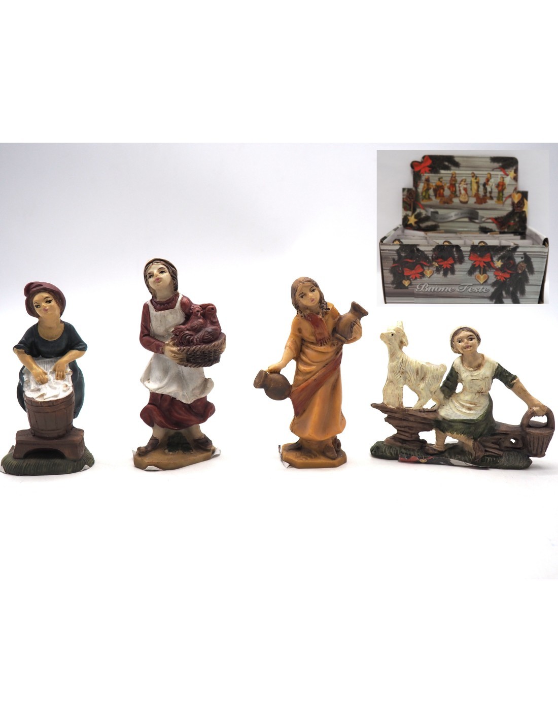 Donna di Natale con Cesto o Animale H10,5-7,5cm, Statuina in Resina, Dettagli Realistici, Assortita