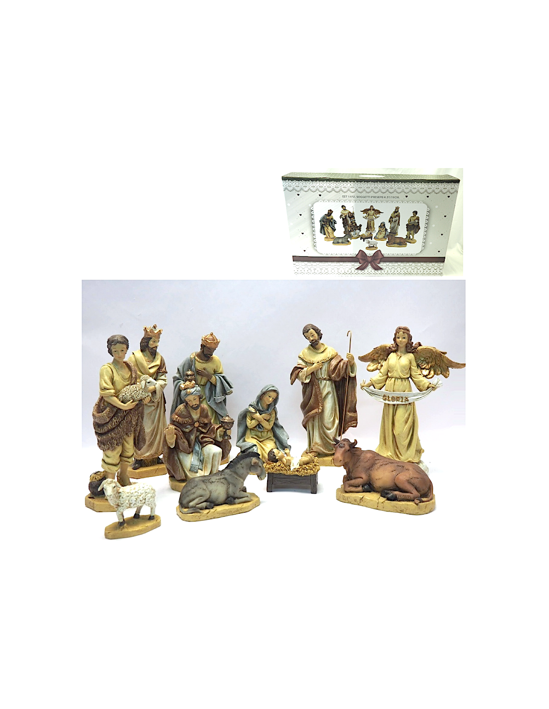 Natività di Natale 11 pezzi H31cm, Statuine in Resina con Abiti, Sacra Famiglia, Re Magi, Pastore e Animali