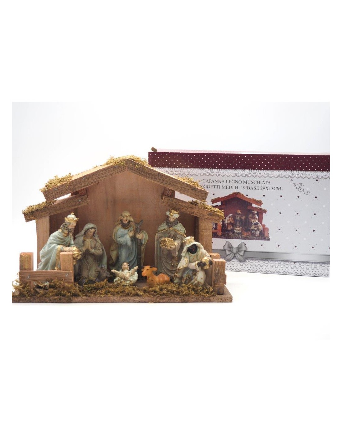 NATIVITA' 8 SOGGETTI IN CAPANNA LEGNO MUSCHIATA 29X13CM su TreG Ing...