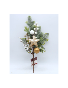 Ramo di Natale Aghi e Bacche 37cm Bianco Oro, Decorazione Natalizia Elegante