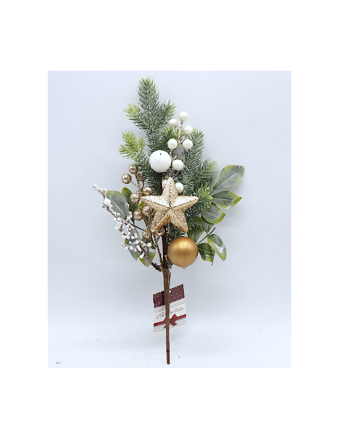 Ramo di Natale Aghi e Bacche 37cm Bianco Oro, Decorazione Natalizia Elegante