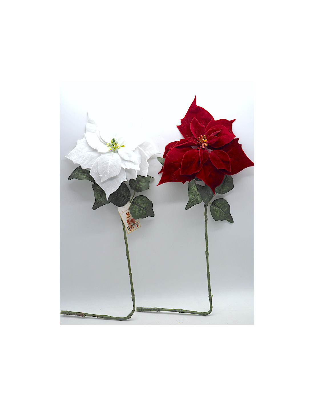 Stella di Natale Velluto con Foglie 66cm Rosso Bianco, Fiore Natalizio Decorativo, Ideale per Alberi, Ghirlande, Vasi