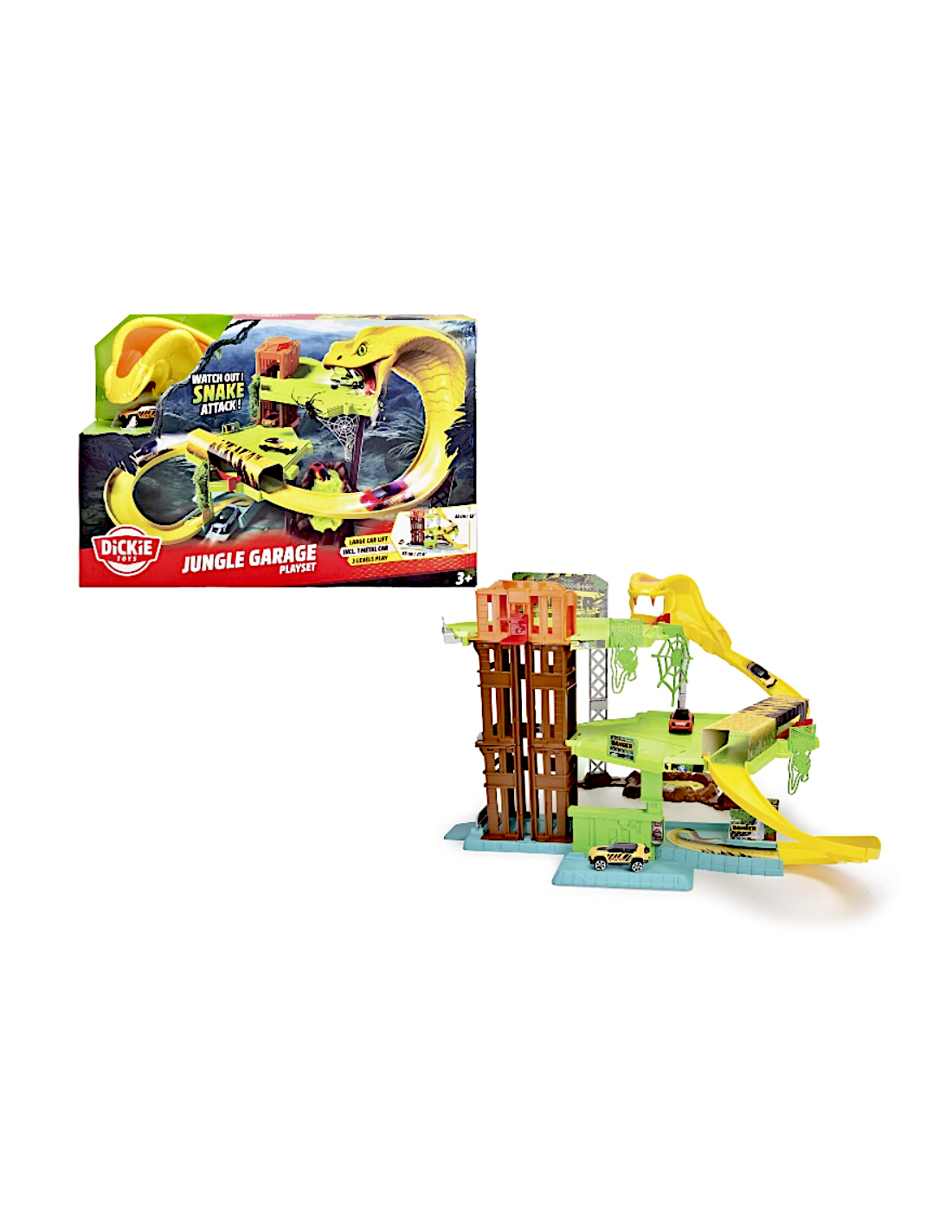 JUNGLE GARAGE, AUTO IN METALLO, 3 LIVELLI CON ASCENSORE E TUNNEL, PER BAMBINI DAI 3 ANNI