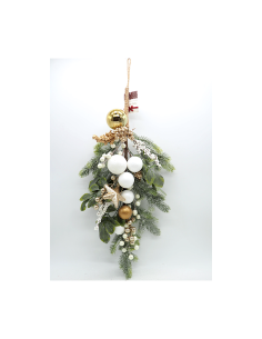 ietroporta di Natale Grappolo Aghi e Bacche 50cm Bianco Oro, Ghirlanda Elegante per Porte e Pareti