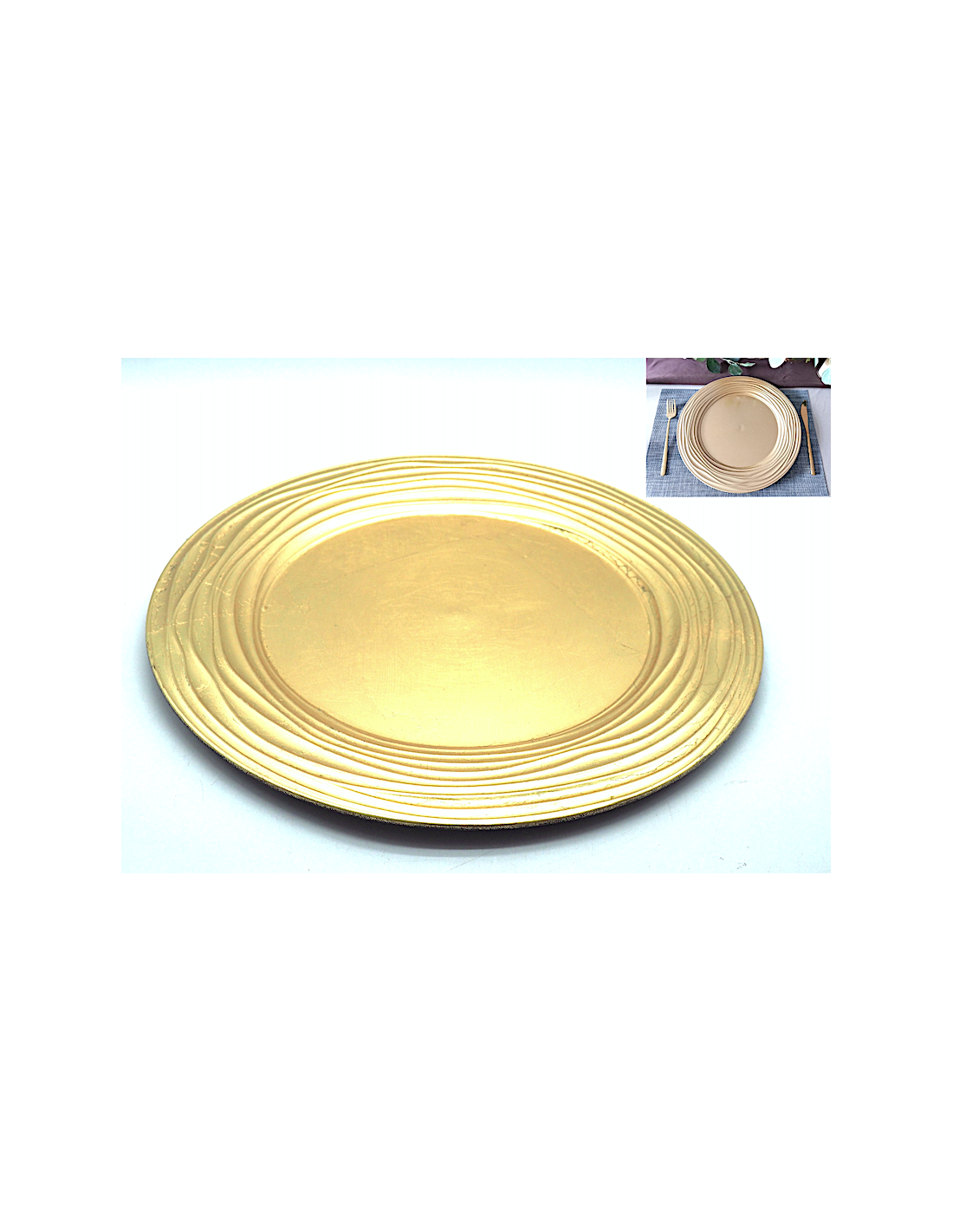 Piatto Natalizio in Plastica Ø33cm Bordato Oro, Elegante Sottopiatto Decorativo per Tavola Festiva