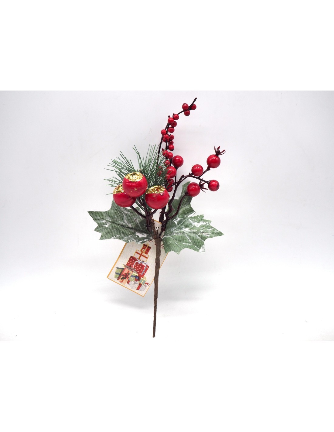 PICK CON FOGLIE E AGHI DI PINO H22,5CM BACCHE FLOCCATE ROSSE su Tre...