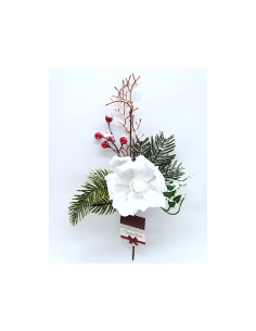 Pick innevato 32cm di Natale con aghi di pino, fiore e bacche rosse, Ramo decorativo elegante per alberi e ghirlande