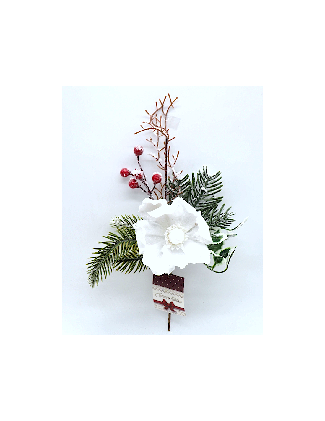 Pick innevato 32cm di Natale con aghi di pino, fiore e bacche rosse, Ramo decorativo elegante per alberi e ghirlande