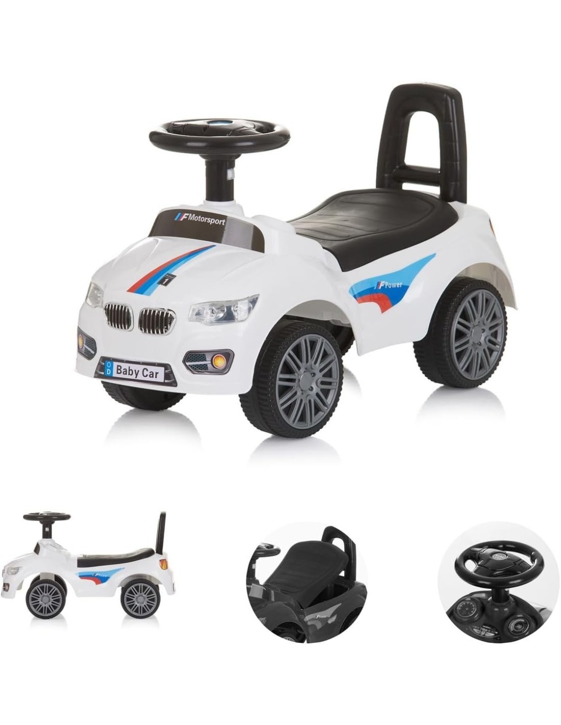 AUTO CAVALCABILE, BAMBINI, SPRINTER, BIANCO, CON MUSICA, SPAZIO SOTTO SEDILE